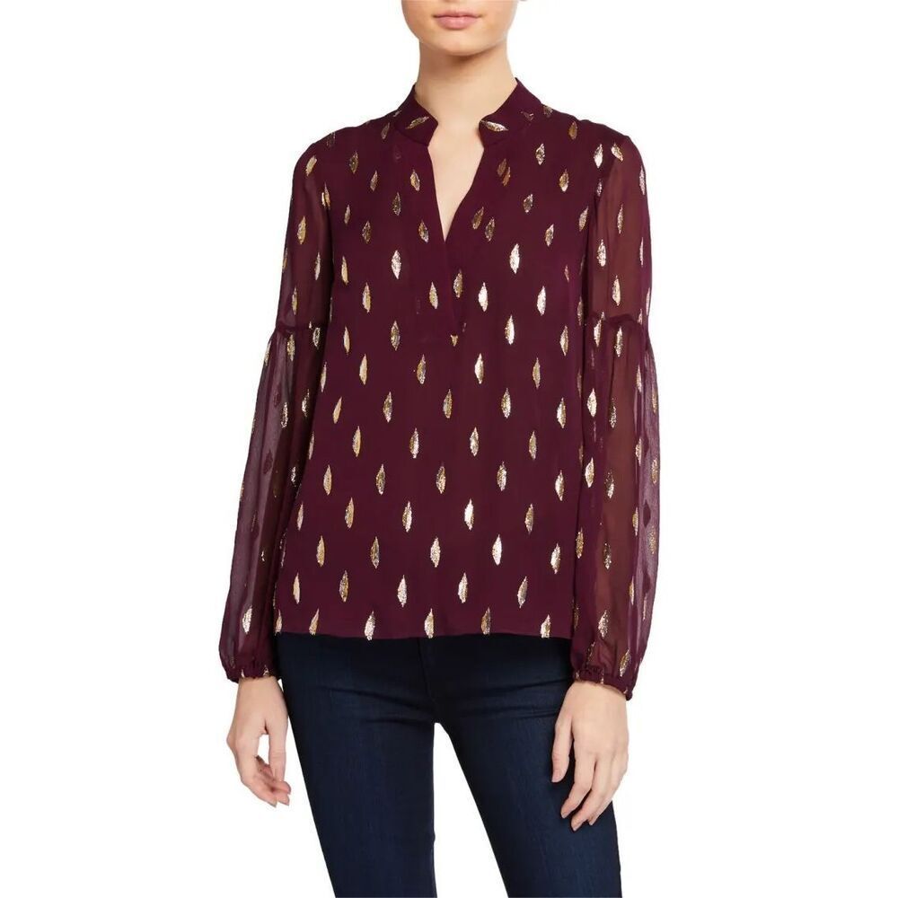 Lilly Pulitzer Top Blouse Shea Metallic Long Sleeve Silk Burgundy Red XS